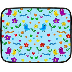 Blue Cute Birds And Flowers  Double Sided Fleece Blanket (mini)  by Valentinaart