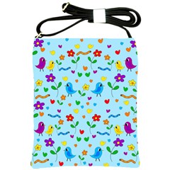 Blue Cute Birds And Flowers  Shoulder Sling Bags by Valentinaart