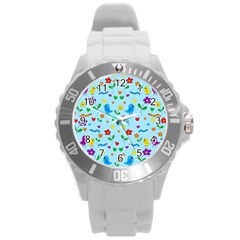 Blue Cute Birds And Flowers  Round Plastic Sport Watch (l) by Valentinaart