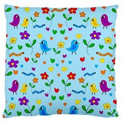 Blue Cute Birds And Flowers  Large Cushion Case (two Sides) by Valentinaart