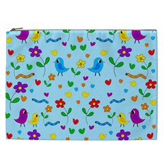 Blue Cute Birds And Flowers  Cosmetic Bag (xxl)  by Valentinaart