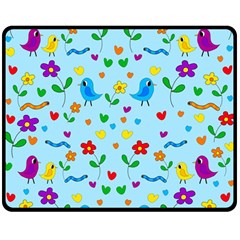 Blue Cute Birds And Flowers  Double Sided Fleece Blanket (medium)  by Valentinaart