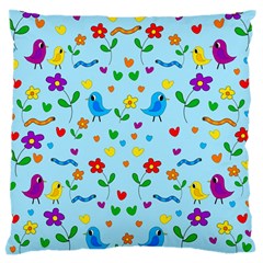 Blue Cute Birds And Flowers  Large Flano Cushion Case (two Sides) by Valentinaart