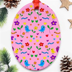 Pink Cute Birds And Flowers Pattern Ornament (oval)  by Valentinaart