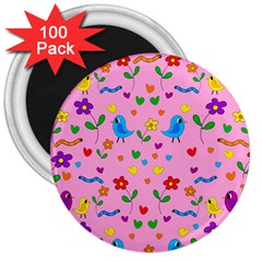 Pink Cute Birds And Flowers Pattern 3  Magnets (100 Pack) by Valentinaart