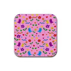 Pink Cute Birds And Flowers Pattern Rubber Coaster (square)  by Valentinaart