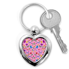 Pink Cute Birds And Flowers Pattern Key Chains (heart)  by Valentinaart