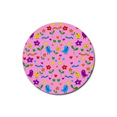 Pink Cute Birds And Flowers Pattern Rubber Coaster (round)  by Valentinaart