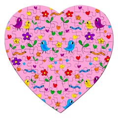 Pink Cute Birds And Flowers Pattern Jigsaw Puzzle (heart) by Valentinaart