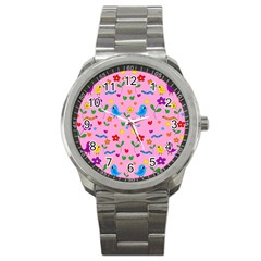 Pink Cute Birds And Flowers Pattern Sport Metal Watch by Valentinaart