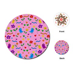 Pink Cute Birds And Flowers Pattern Playing Cards (round)  by Valentinaart