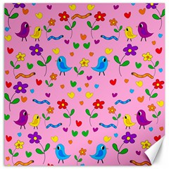 Pink Cute Birds And Flowers Pattern Canvas 12  X 12   by Valentinaart