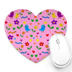 Pink Cute Birds And Flowers Pattern Heart Mousepads by Valentinaart