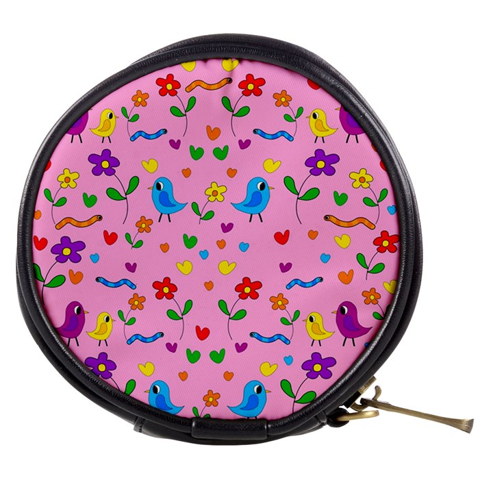 Pink cute birds and flowers pattern Mini Makeup Bags