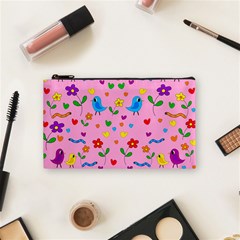 Pink Cute Birds And Flowers Pattern Cosmetic Bag (small)  by Valentinaart