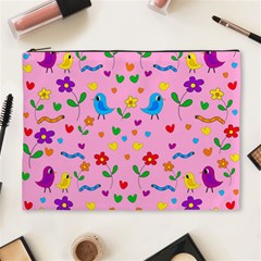 Pink Cute Birds And Flowers Pattern Cosmetic Bag (xl) by Valentinaart