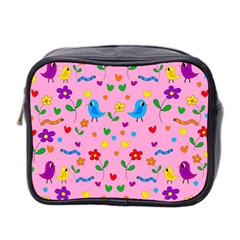 Pink Cute Birds And Flowers Pattern Mini Toiletries Bag 2-side by Valentinaart