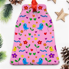 Pink Cute Birds And Flowers Pattern Bell Ornament (2 Sides)