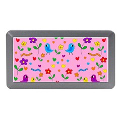 Pink Cute Birds And Flowers Pattern Memory Card Reader (mini) by Valentinaart