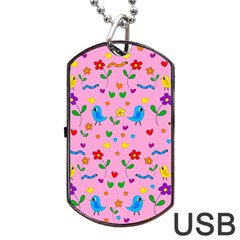 Pink Cute Birds And Flowers Pattern Dog Tag Usb Flash (one Side) by Valentinaart