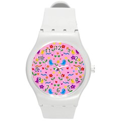 Pink Cute Birds And Flowers Pattern Round Plastic Sport Watch (m) by Valentinaart