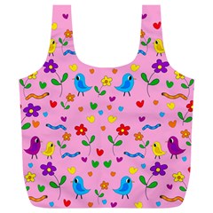 Pink Cute Birds And Flowers Pattern Full Print Recycle Bags (l)  by Valentinaart