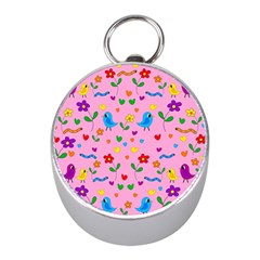 Pink Cute Birds And Flowers Pattern Mini Silver Compasses by Valentinaart