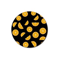 Oranges Pattern - Black Rubber Coaster (round)  by Valentinaart