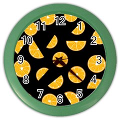 Oranges Pattern - Black Color Wall Clocks by Valentinaart