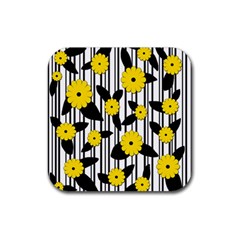 Yellow Floral Pattern Rubber Coaster (square)  by Valentinaart