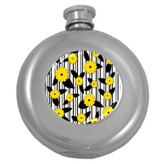 Yellow Floral Pattern Round Hip Flask (5 Oz) by Valentinaart