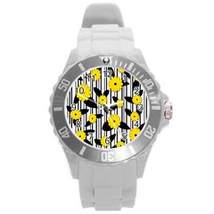 Yellow Floral Pattern Round Plastic Sport Watch (l) by Valentinaart