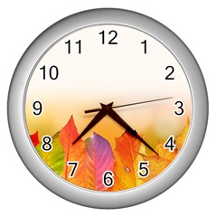 Autumn Leaves Colorful Fall Foliage Wall Clocks (silver)  by Amaryn4rt