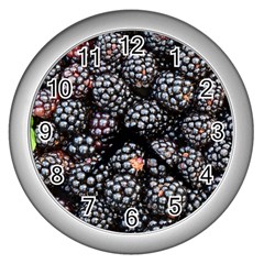 Blackberries Background Black Dark Wall Clocks (silver)  by Amaryn4rt