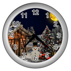 Christmas Landscape Wall Clocks (silver)  by Amaryn4rt