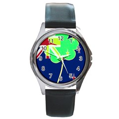 Irish Shamrock New Zealand Ireland Funny St Patrick Flag Round Metal Watch by yoursparklingshop