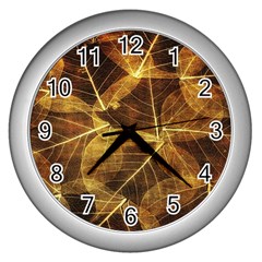 Leaves Autumn Texture Brown Wall Clocks (silver)  by Amaryn4rt