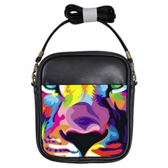 Colorful Lion s Face  Girls Sling Bags by Brittlevirginclothing