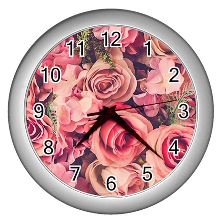 Beautiful pink roses Wall Clocks (Silver) 