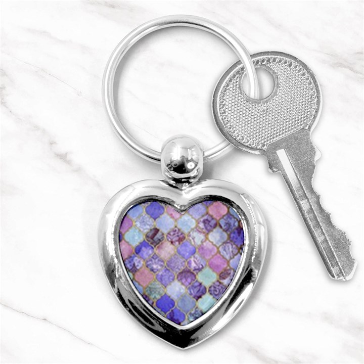 Blue moroccan mosaic Key Chains (Heart) 