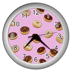 Donuts Pattern - Pink Wall Clocks (silver)  by Valentinaart