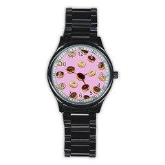 Donuts Pattern - Pink Stainless Steel Round Watch by Valentinaart