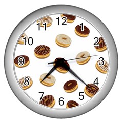 Donuts Pattern Wall Clocks (silver)  by Valentinaart