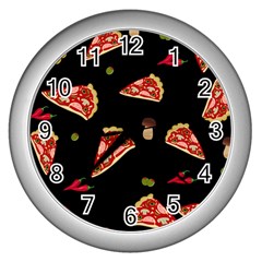 Pizza Slice Patter Wall Clocks (silver)  by Valentinaart