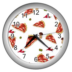 Pizza Pattern Wall Clocks (silver)  by Valentinaart