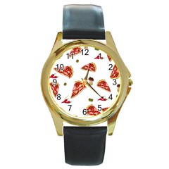 Pizza Pattern Round Gold Metal Watch by Valentinaart