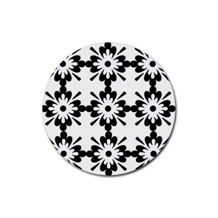 Floral Illustration Black And White Rubber Round Coaster (4 pack) 