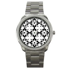 Floral Illustration Black And White Sport Metal Watch