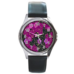 Floral Pattern Background Round Metal Watch