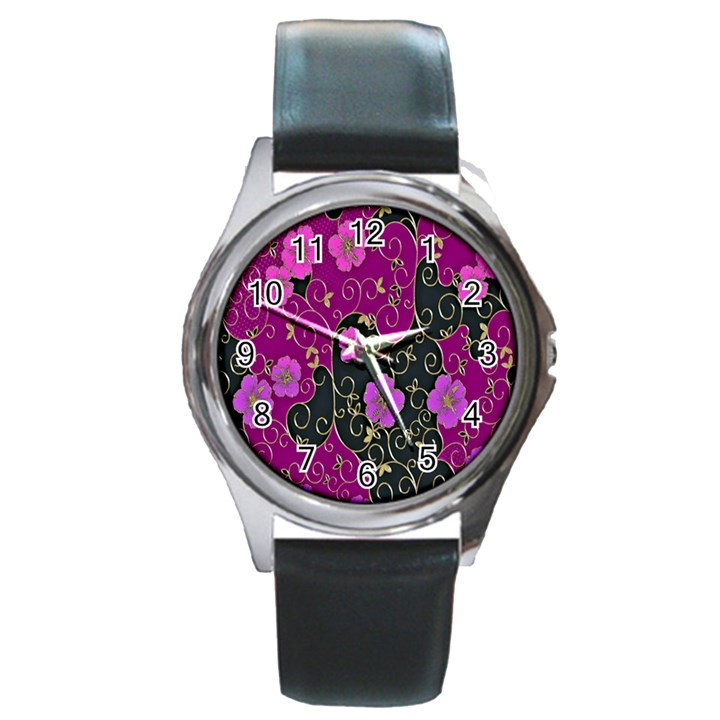 Floral Pattern Background Round Metal Watch